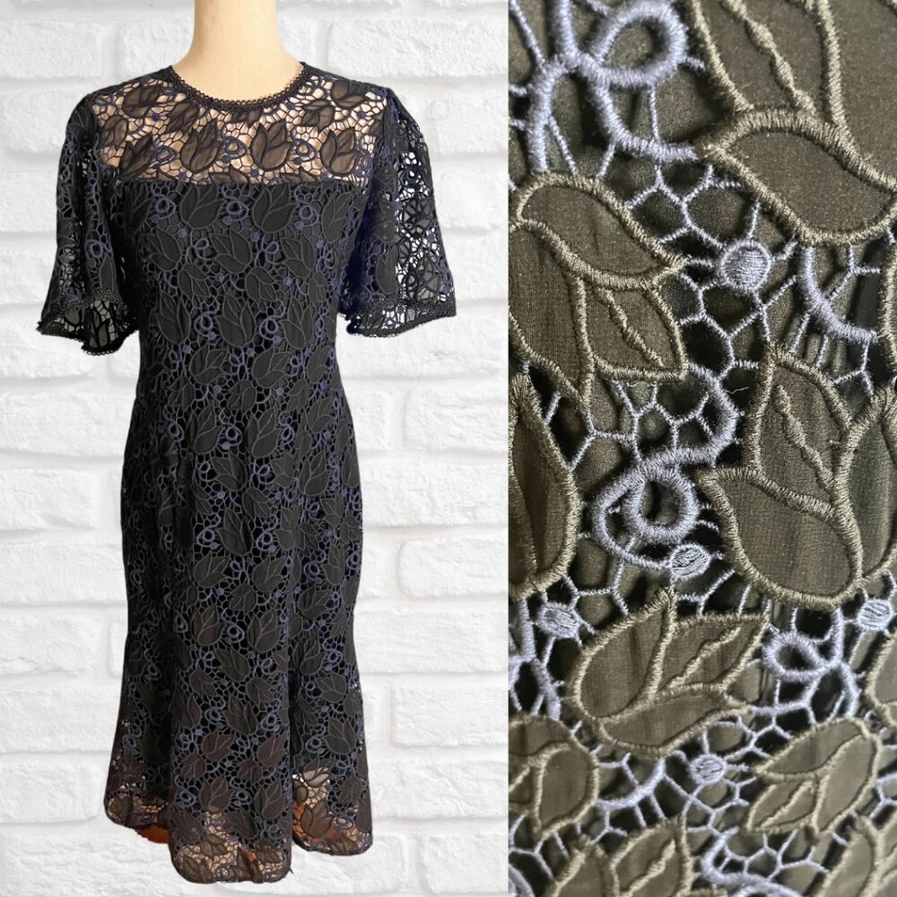 Shoshanna Black Blue Lace Short Sleeve Mermaid Silhouette Dress Cocktail Sz 8